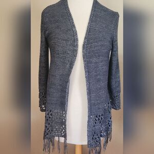 C52 Anne French Western Inspired Heather Blue Fringed Open Front Cardigan Sz Med